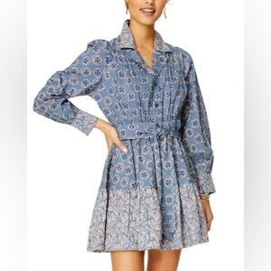 Roller Rabbit Primrose Shea Printed Long Puff Sleeve Notch Collar Dress NWOT